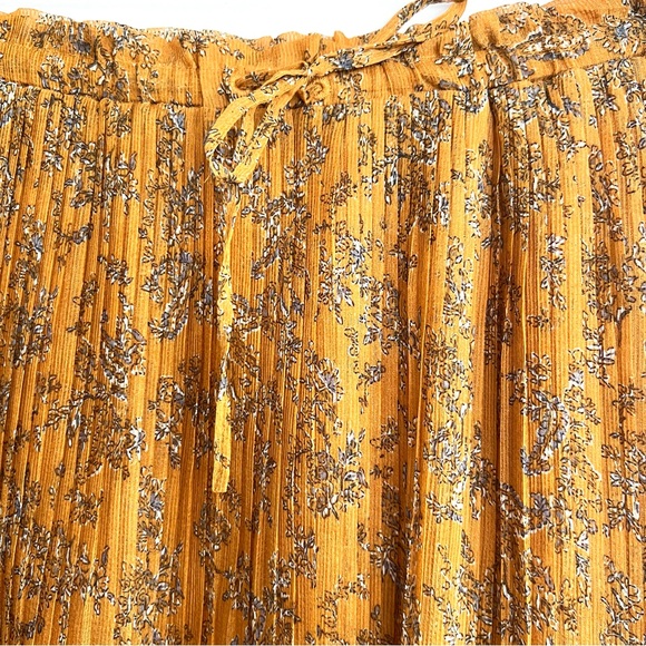 MANGO Mustard Floral Print Pleated Chiffon Tie & Elastic Waist Midi Skirt Sz M - Picture 5 of 13